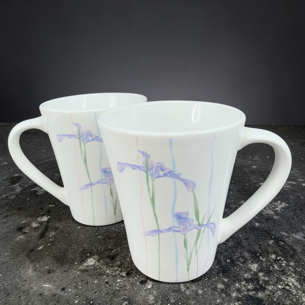 Corelle Coordinates Iris Stoneware Mugs Set Purple Floral‎ White Tapered Cup Mug